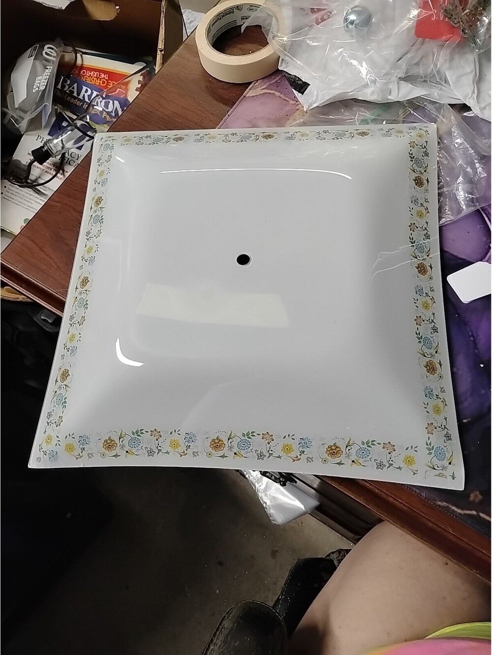 Vtg MCM Milk Glass Ceiling Light Shade Bedroom 14"  Square Light Cover Floral